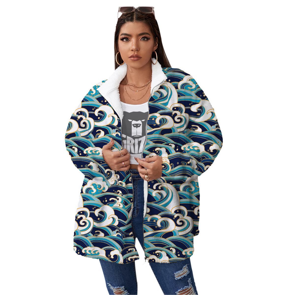 Surfing Sea Wave Print Pattern Women's Sherpa Jacket-grizzshop