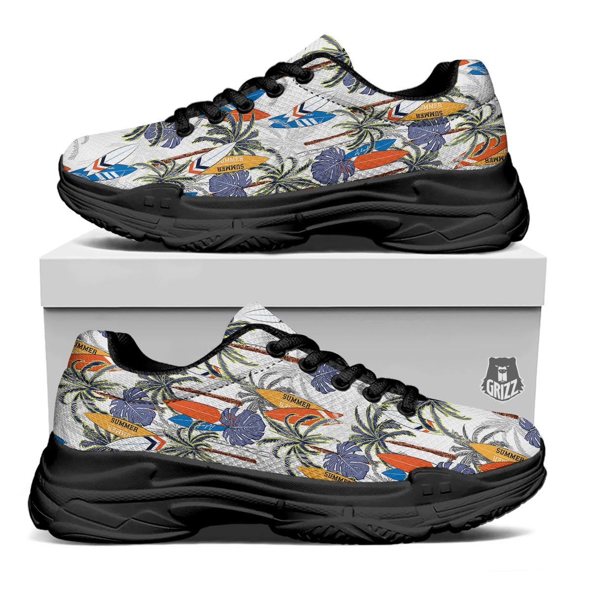 Surfing Summer Print Pattern Black Chunky Shoes-grizzshop