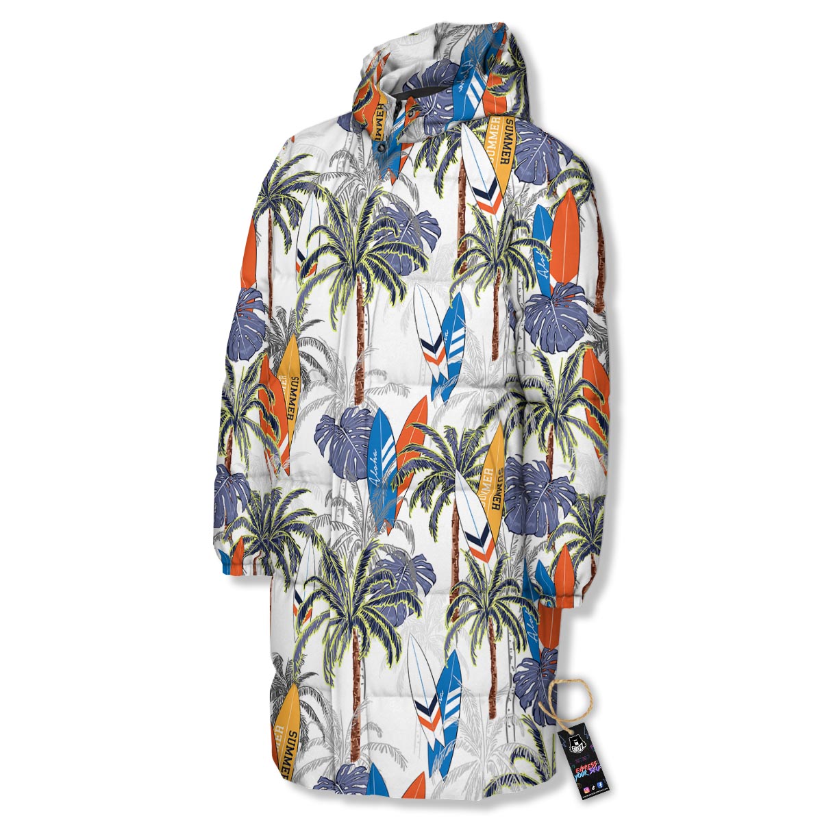 Surfing Summer Print Pattern Long Down Jacket-grizzshop