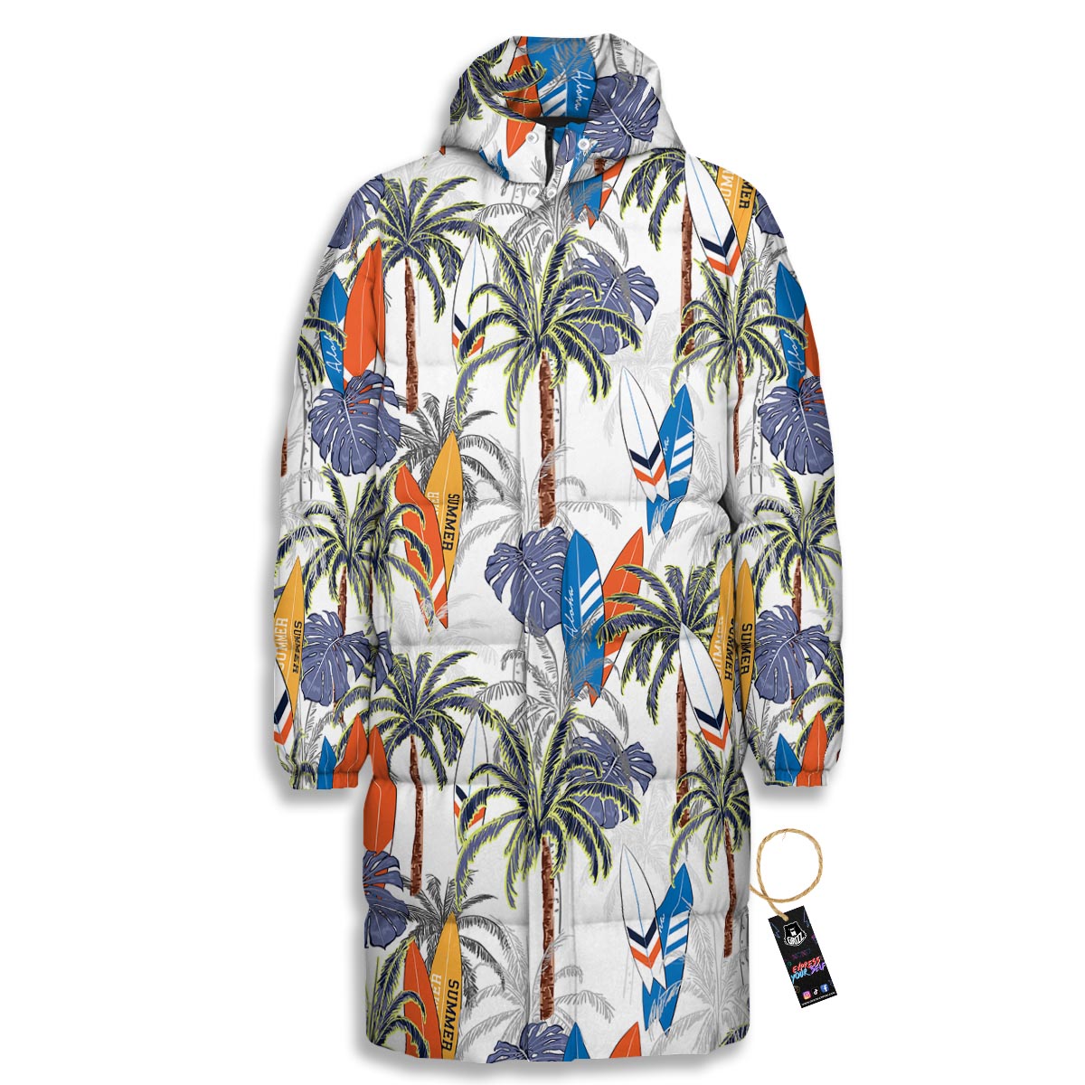 Surfing Summer Print Pattern Long Down Jacket-grizzshop