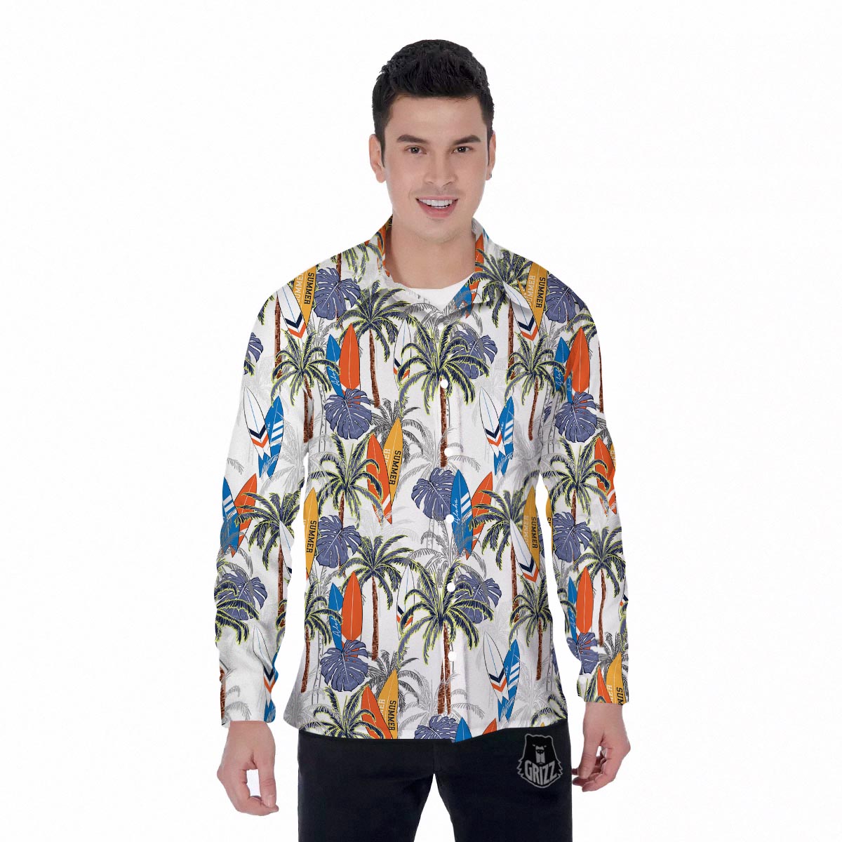 Surfing Summer Print Pattern Men's Long Sleeve Shirts-grizzshop
