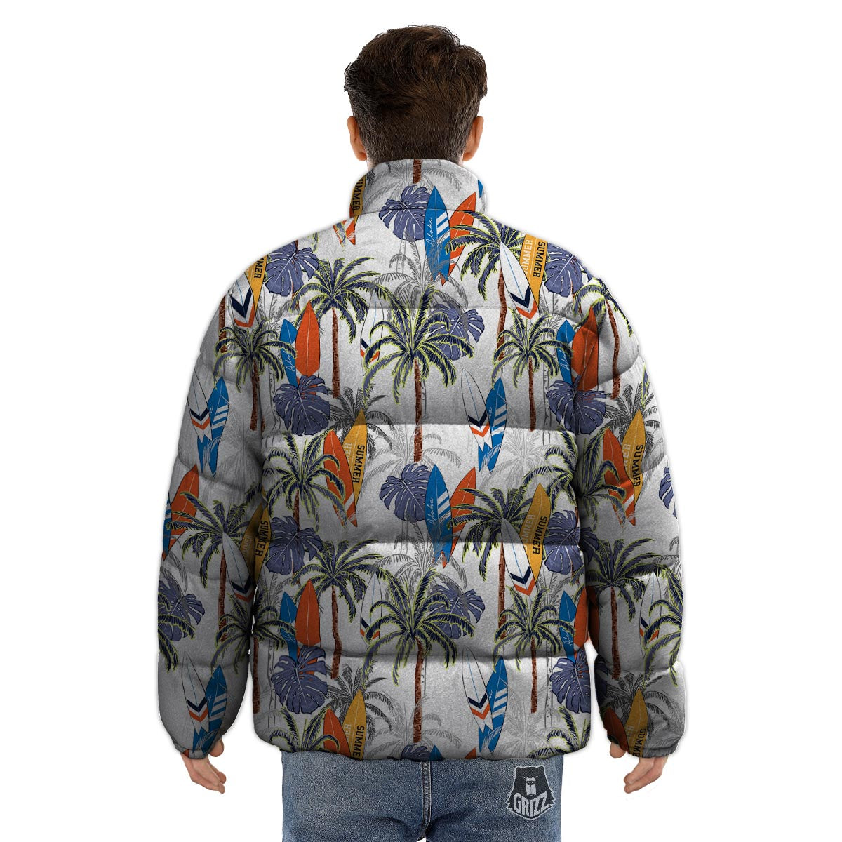 Surfing Summer Print Pattern Puffer Jacket-grizzshop