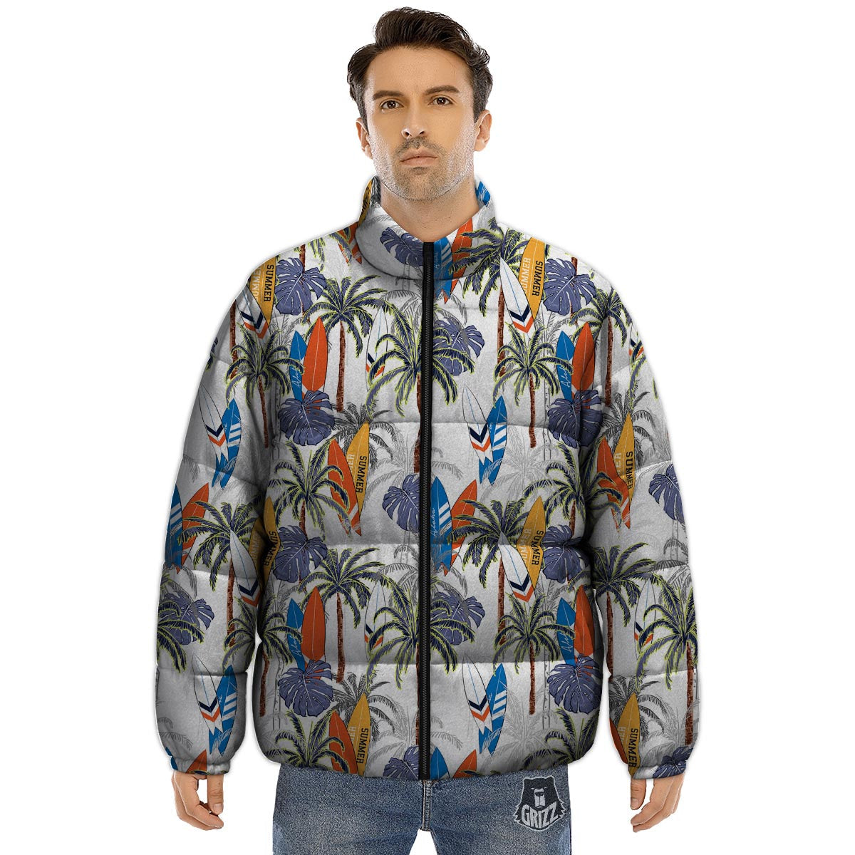 Surfing Summer Print Pattern Puffer Jacket-grizzshop