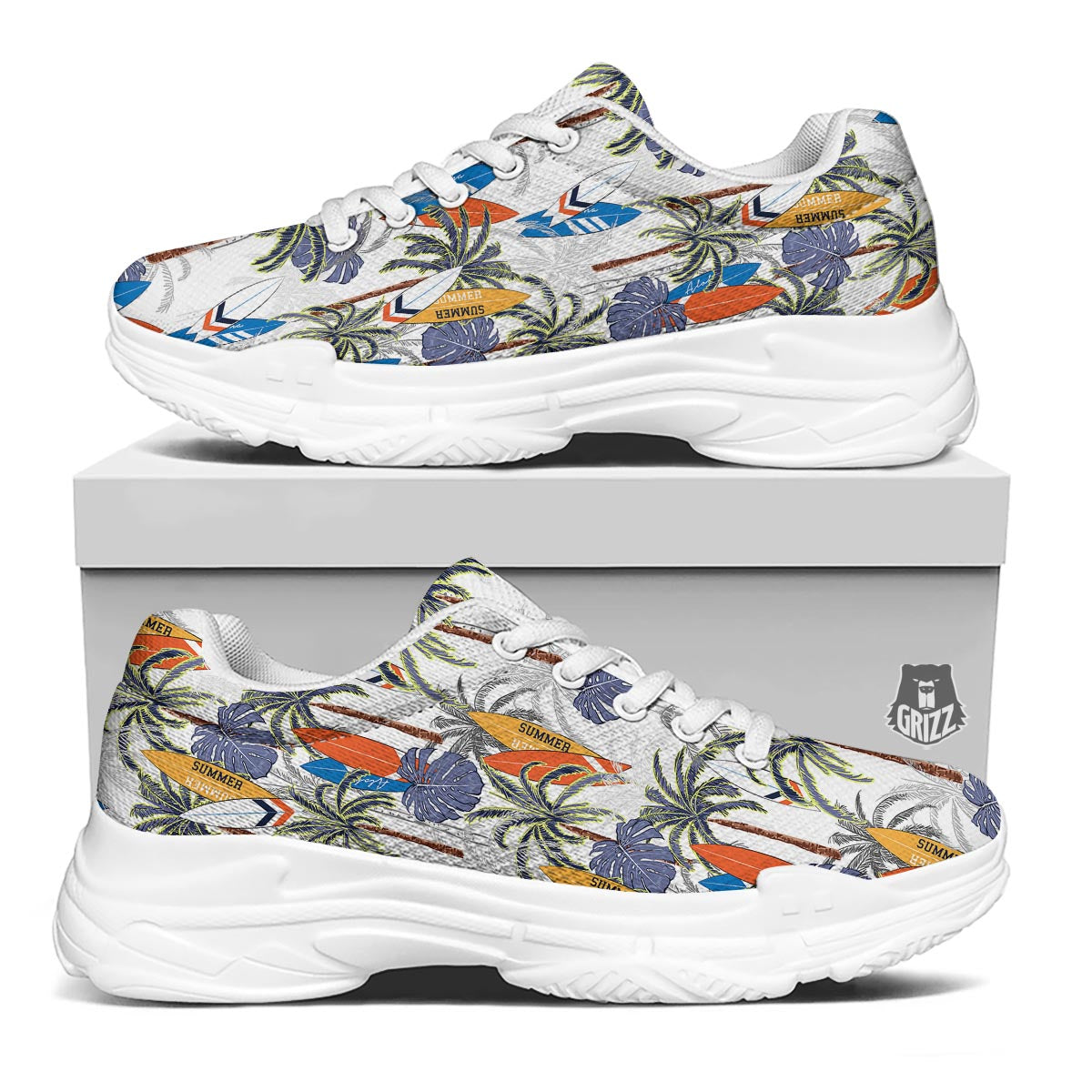Surfing Summer Print Pattern White Chunky Shoes-grizzshop