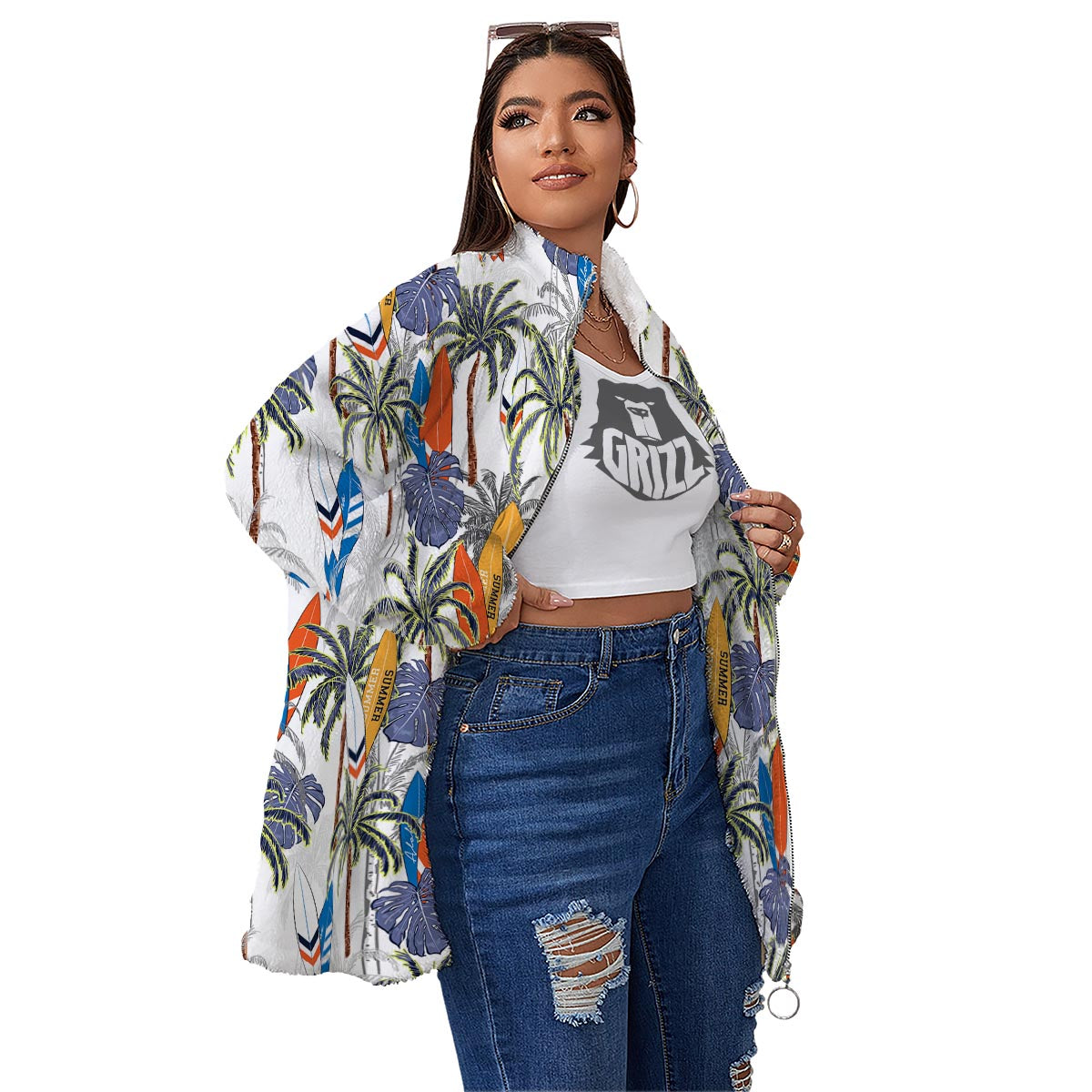 Surfing Summer Print Pattern Women's Sherpa Jacket-grizzshop