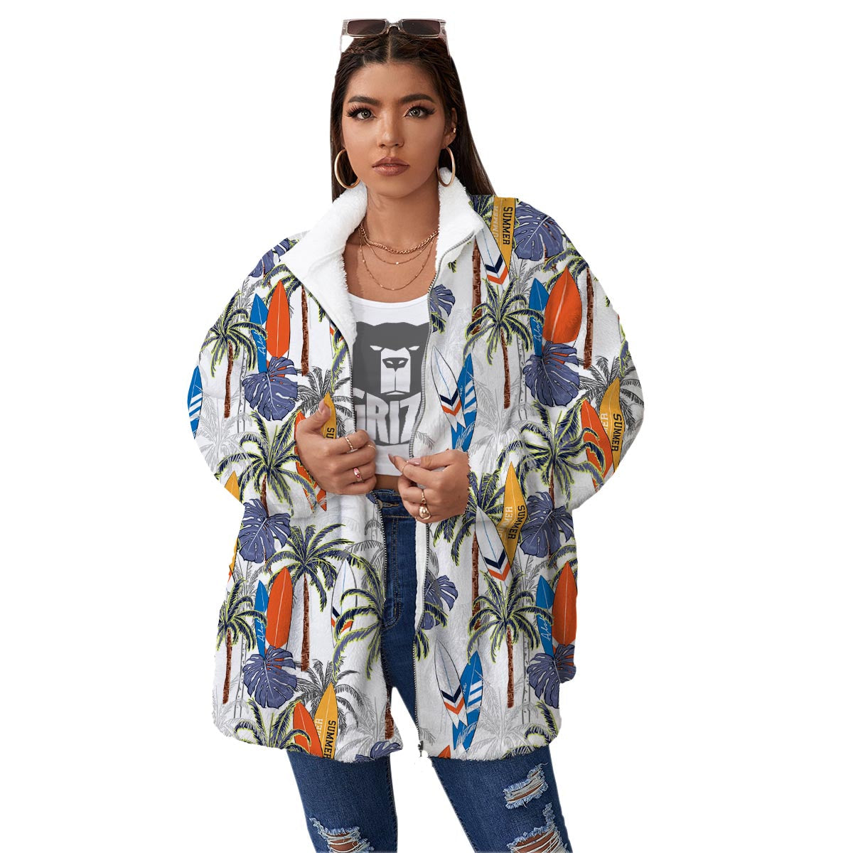 Surfing Summer Print Pattern Women's Sherpa Jacket-grizzshop