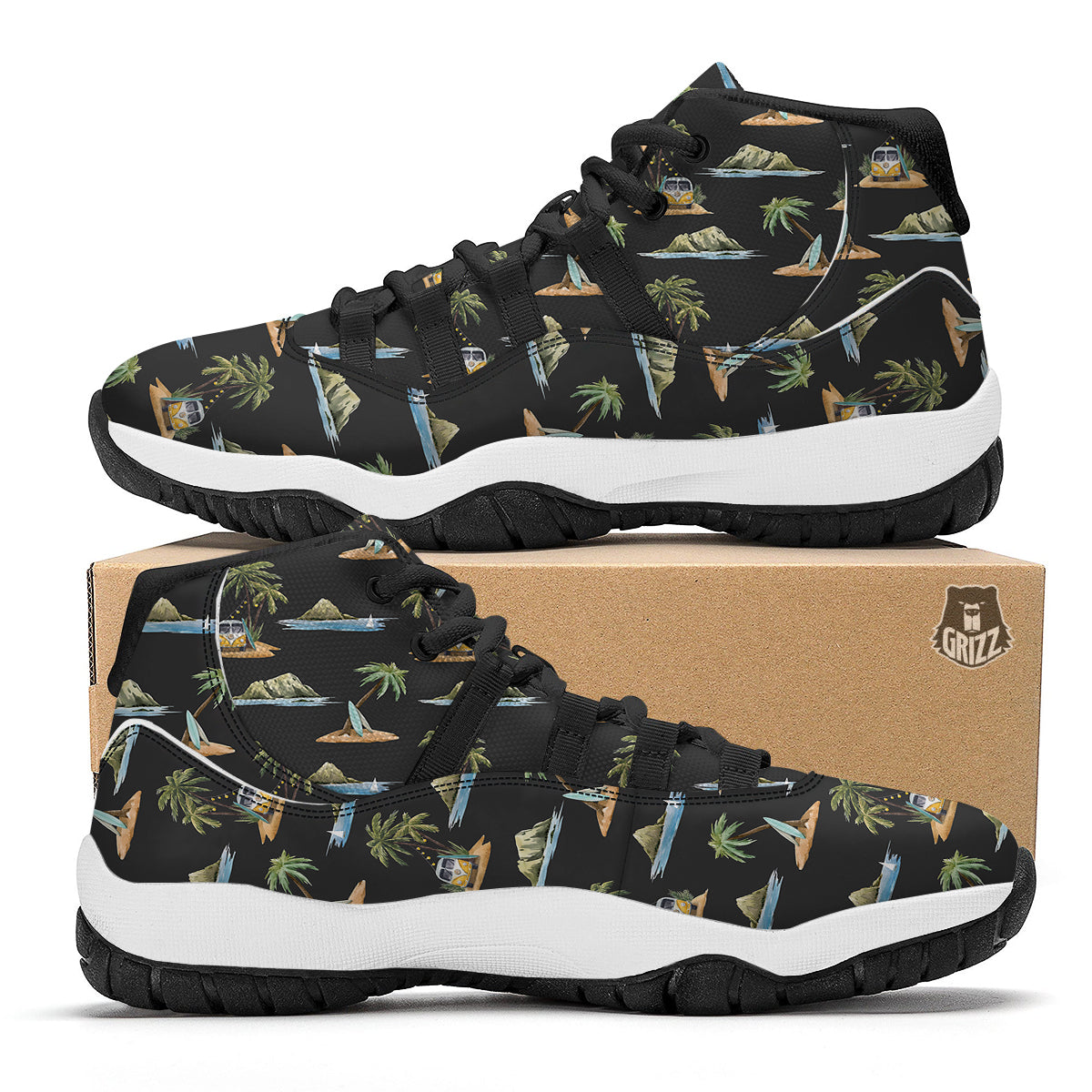 Surfing Watercolor Print Pattern Black Bball Shoes-grizzshop