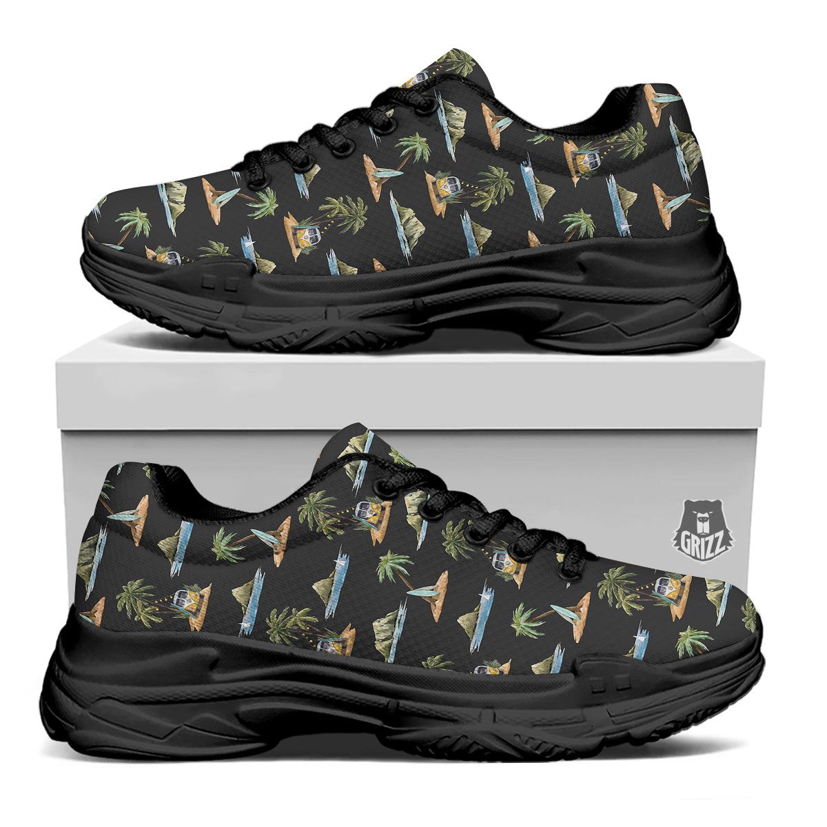 Surfing Watercolor Print Pattern Black Chunky Shoes-grizzshop