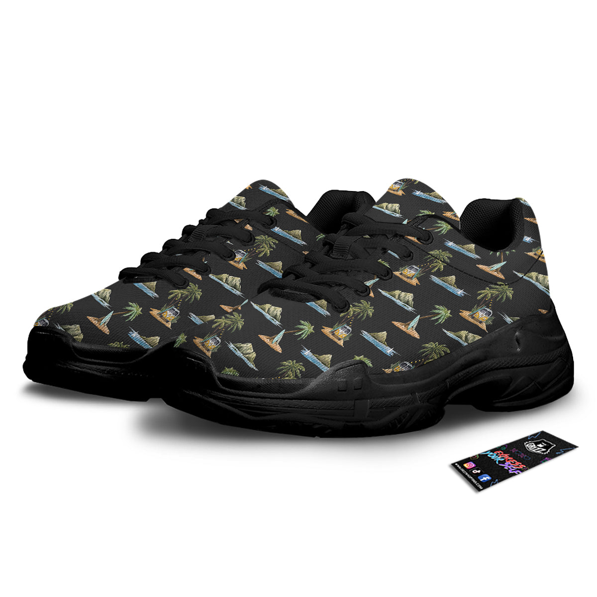 Surfing Watercolor Print Pattern Black Chunky Shoes-grizzshop