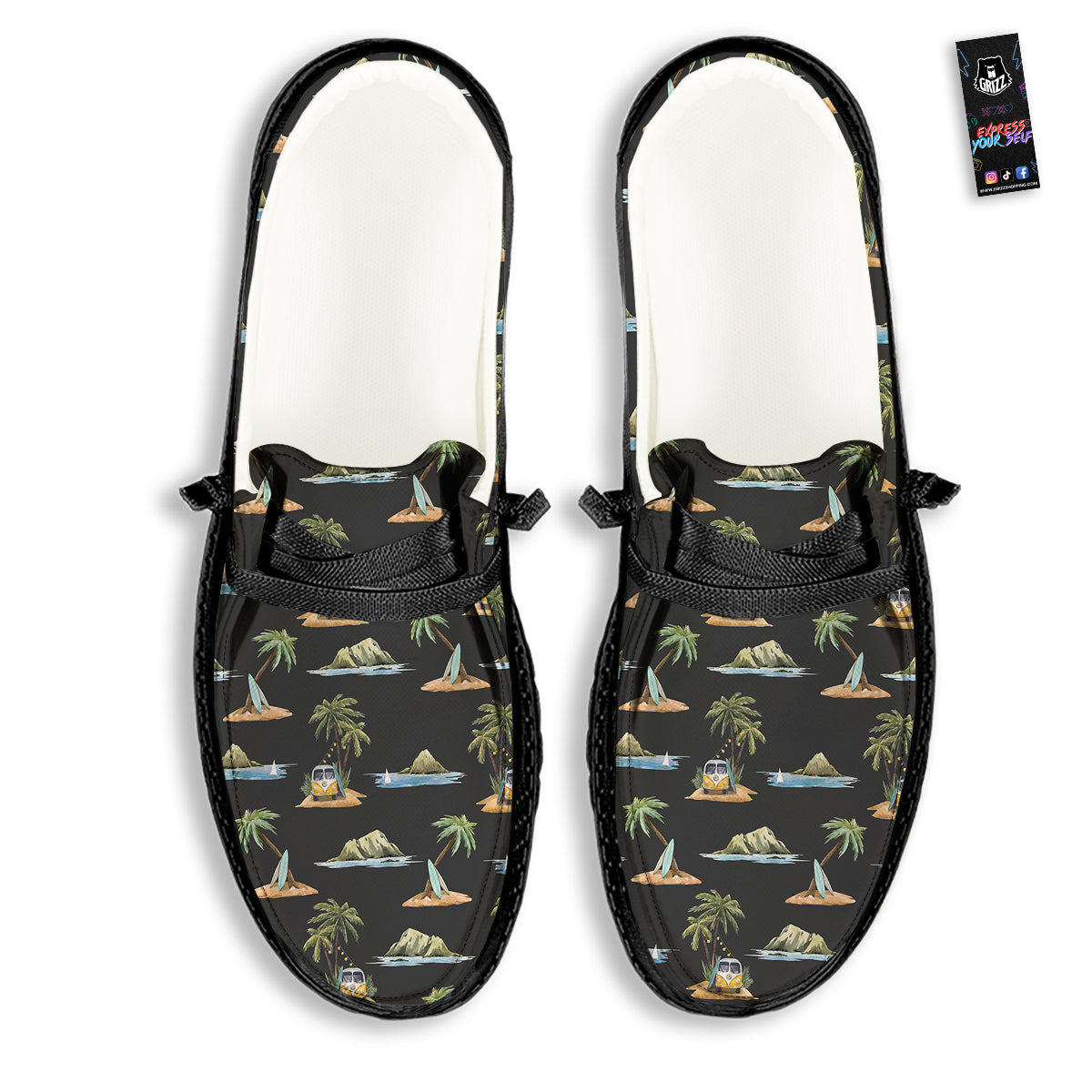Surfing Watercolor Print Pattern Black Loafers-grizzshop