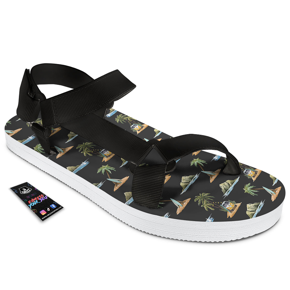 Surfing Watercolor Print Pattern Black Open Toe Sandals-grizzshop