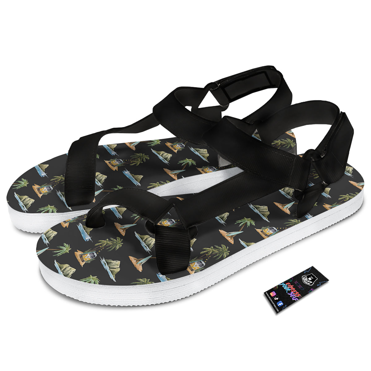 Surfing Watercolor Print Pattern Black Open Toe Sandals-grizzshop