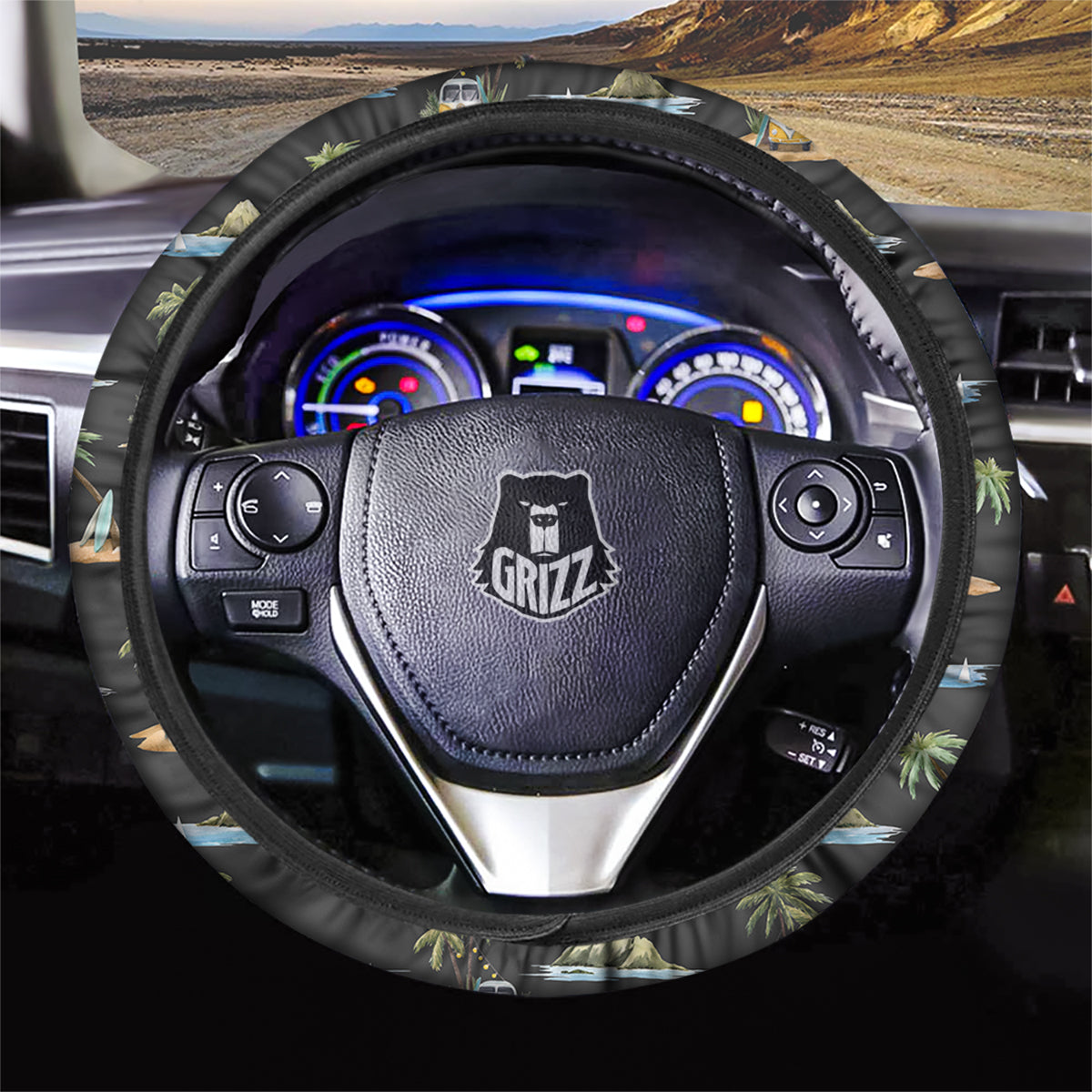 Surfing Watercolor Print Pattern Car Steering Wheel Cover-grizzshop