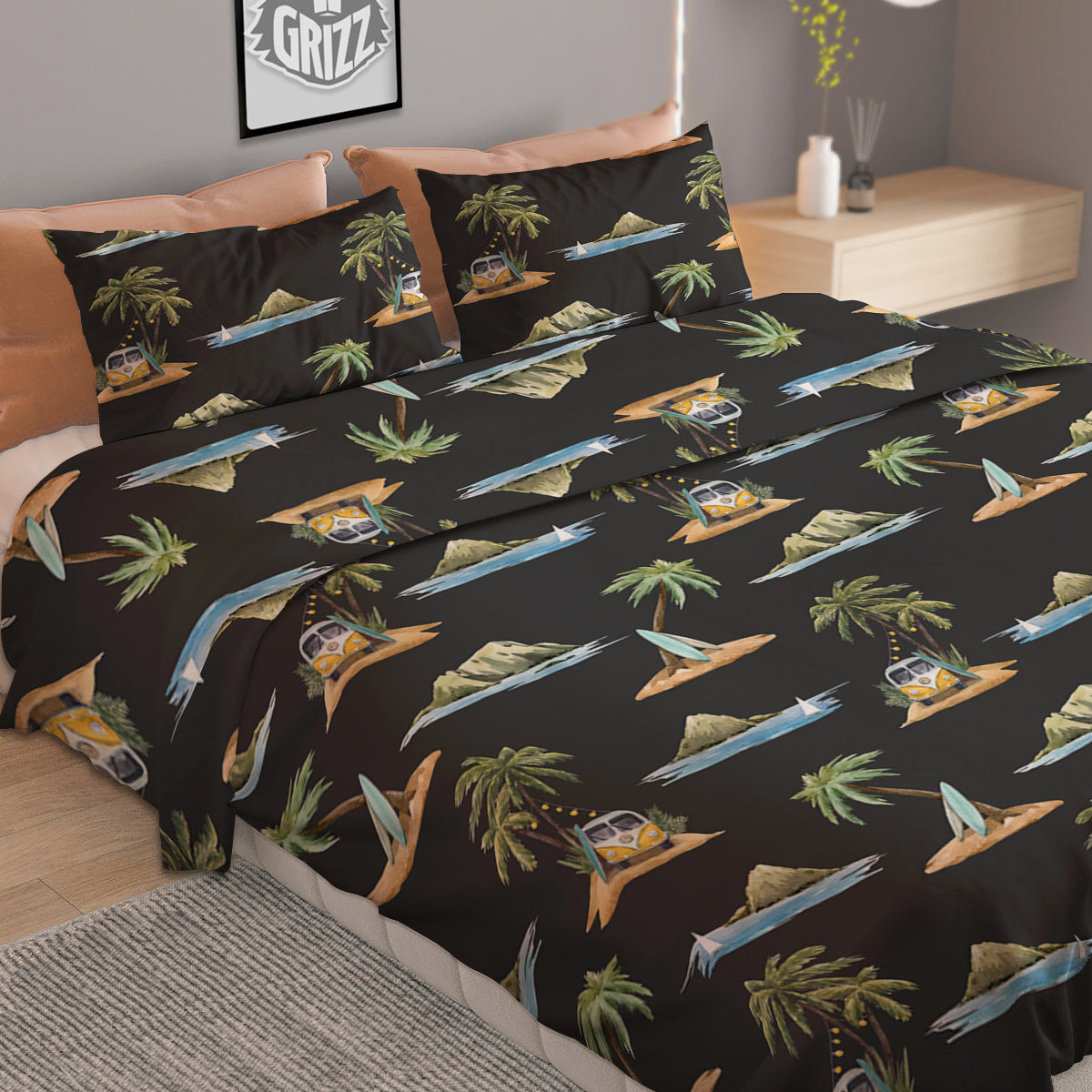 Surfing Watercolor Print Pattern Duvet Cover Bedding Set