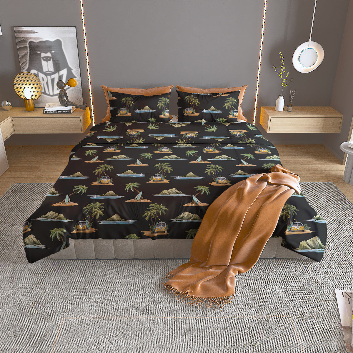 Surfing Watercolor Print Pattern Duvet Cover Bedding Set