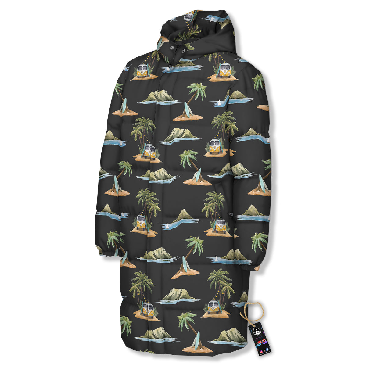 Surfing Watercolor Print Pattern Long Down Jacket-grizzshop