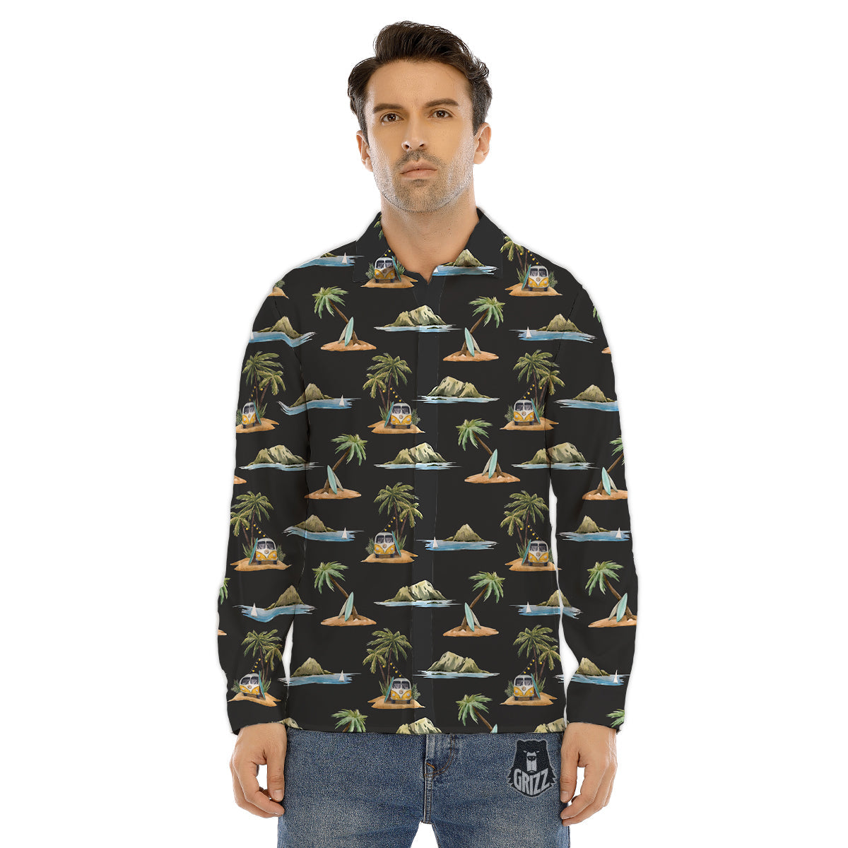 Surfing Watercolor Print Pattern Men's Dress Shirts-grizzshop