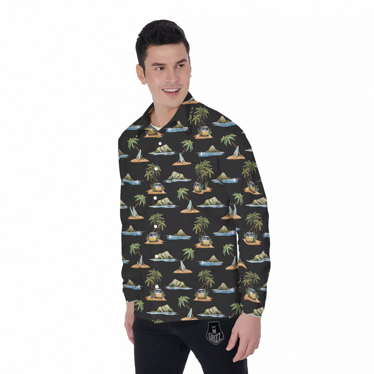 Surfing Watercolor Print Pattern Men's Long Sleeve Shirts-grizzshop
