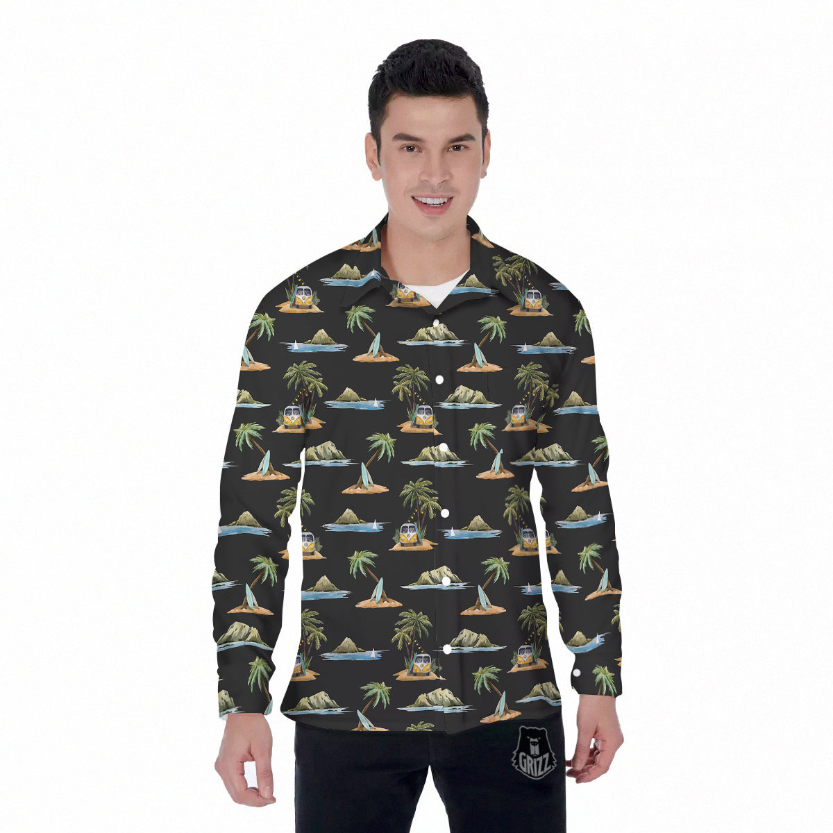 Surfing Watercolor Print Pattern Men's Long Sleeve Shirts-grizzshop