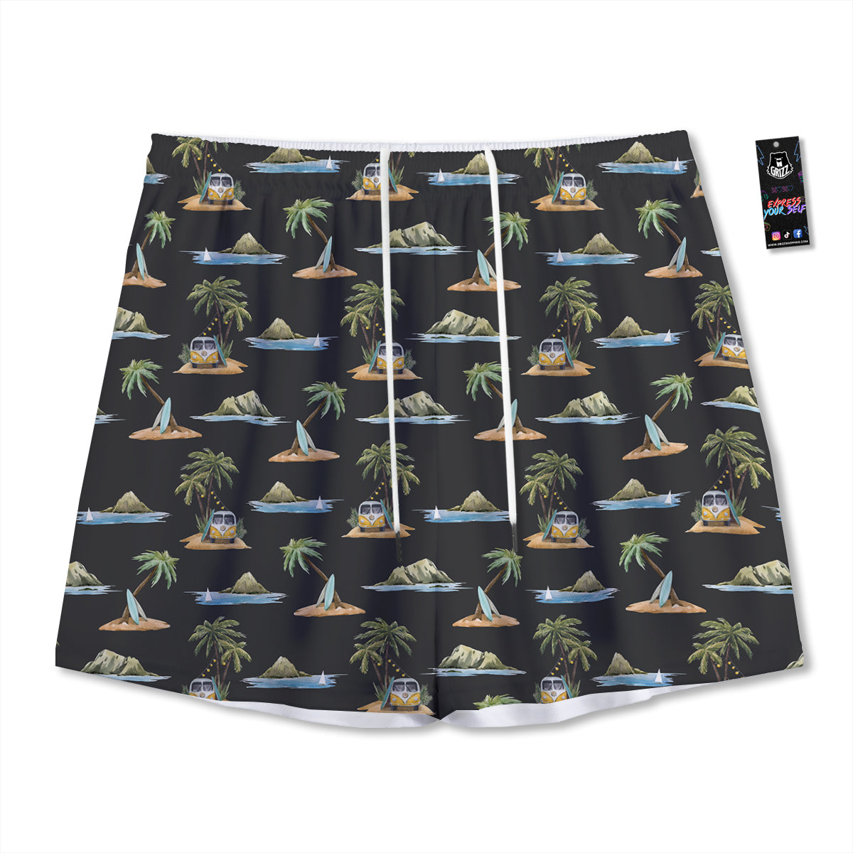 Surfing Watercolor Print Pattern Mesh Shorts