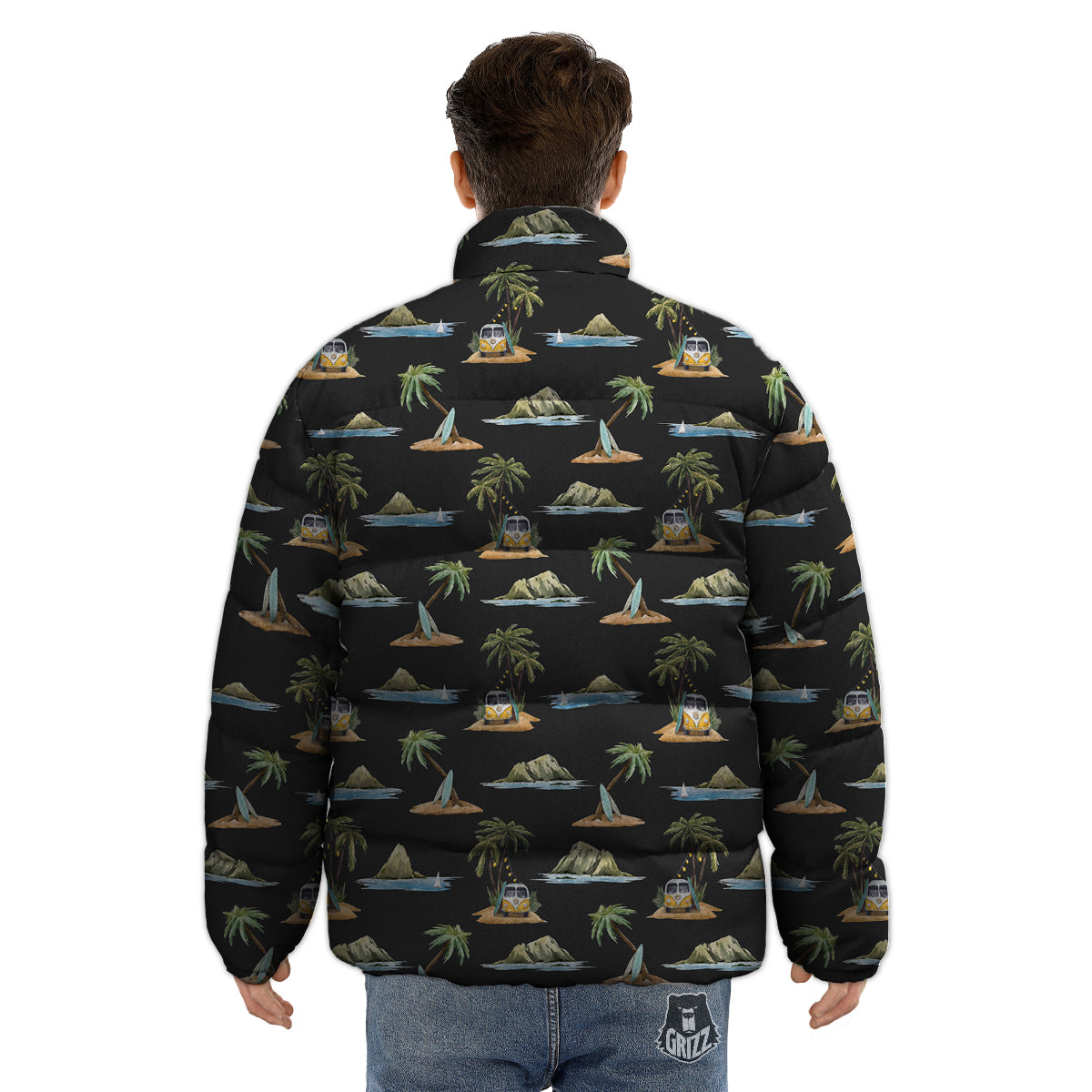 Surfing Watercolor Print Pattern Puffer Jacket-grizzshop