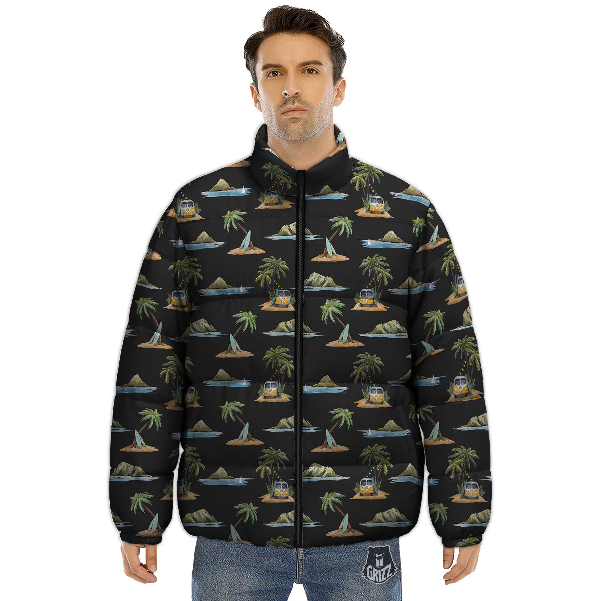 Surfing Watercolor Print Pattern Puffer Jacket-grizzshop