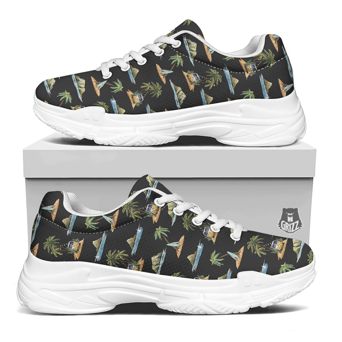 Surfing Watercolor Print Pattern White Chunky Shoes-grizzshop