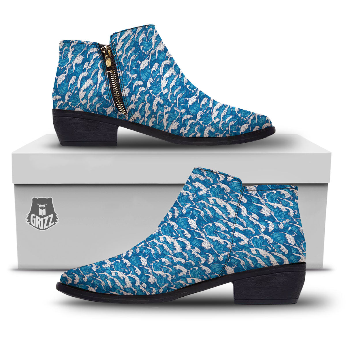 Surfing Wave Blue Print Pattern Ankle Boots-grizzshop
