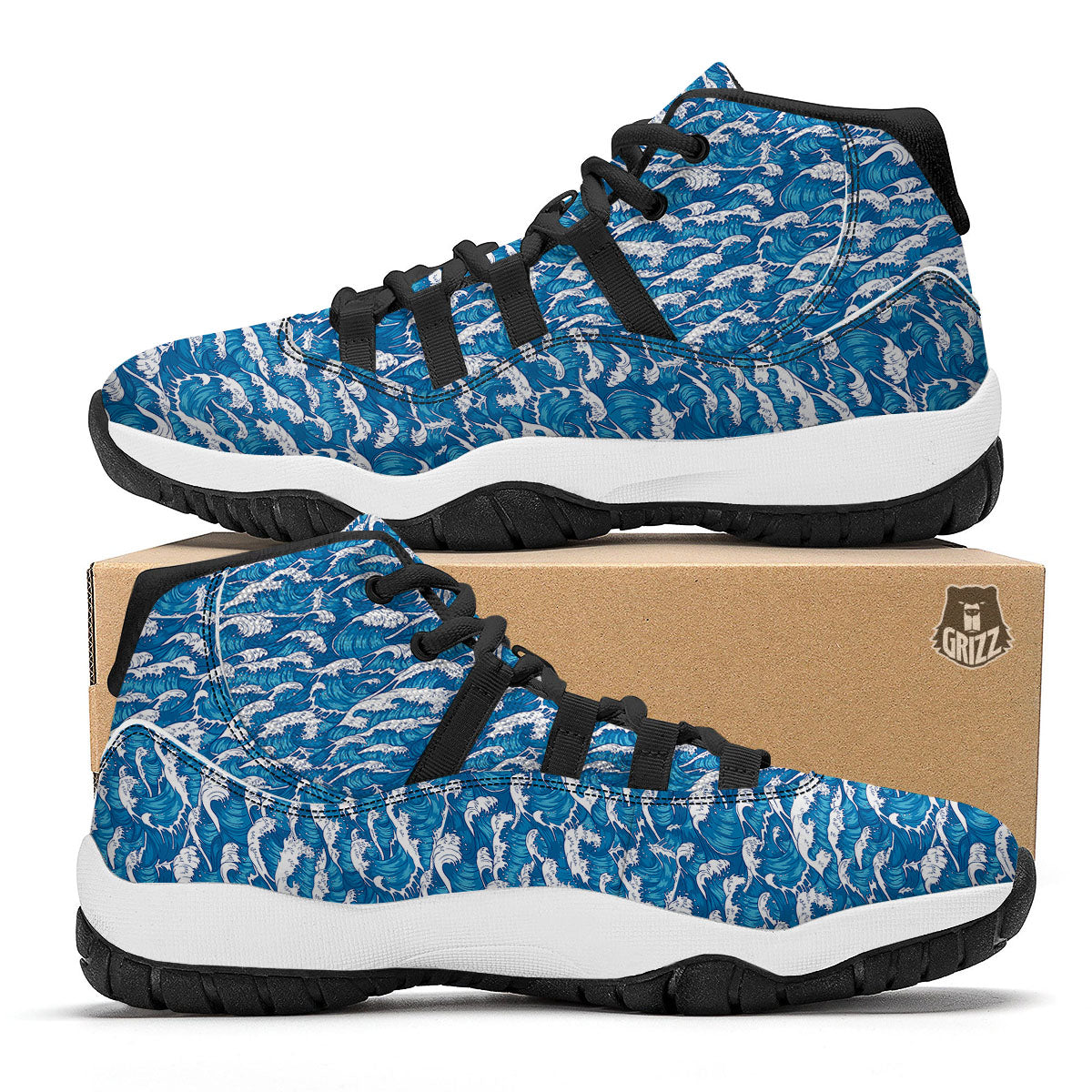 Surfing Wave Blue Print Pattern Black Bball Shoes-grizzshop