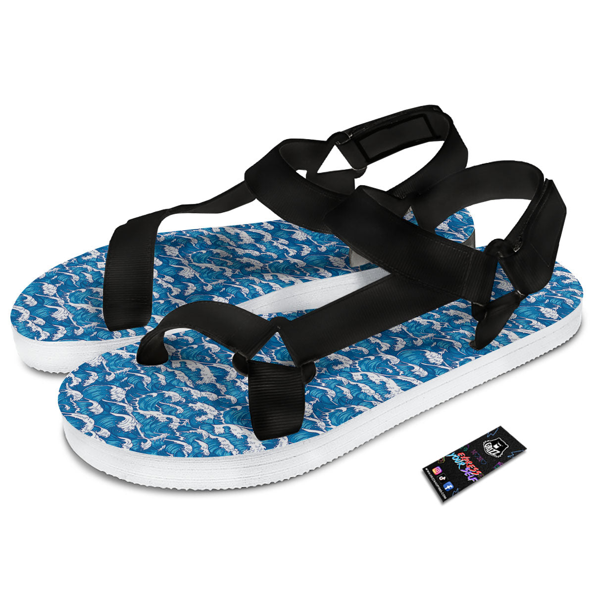 Surfing Wave Blue Print Pattern Black Open Toe Sandals-grizzshop