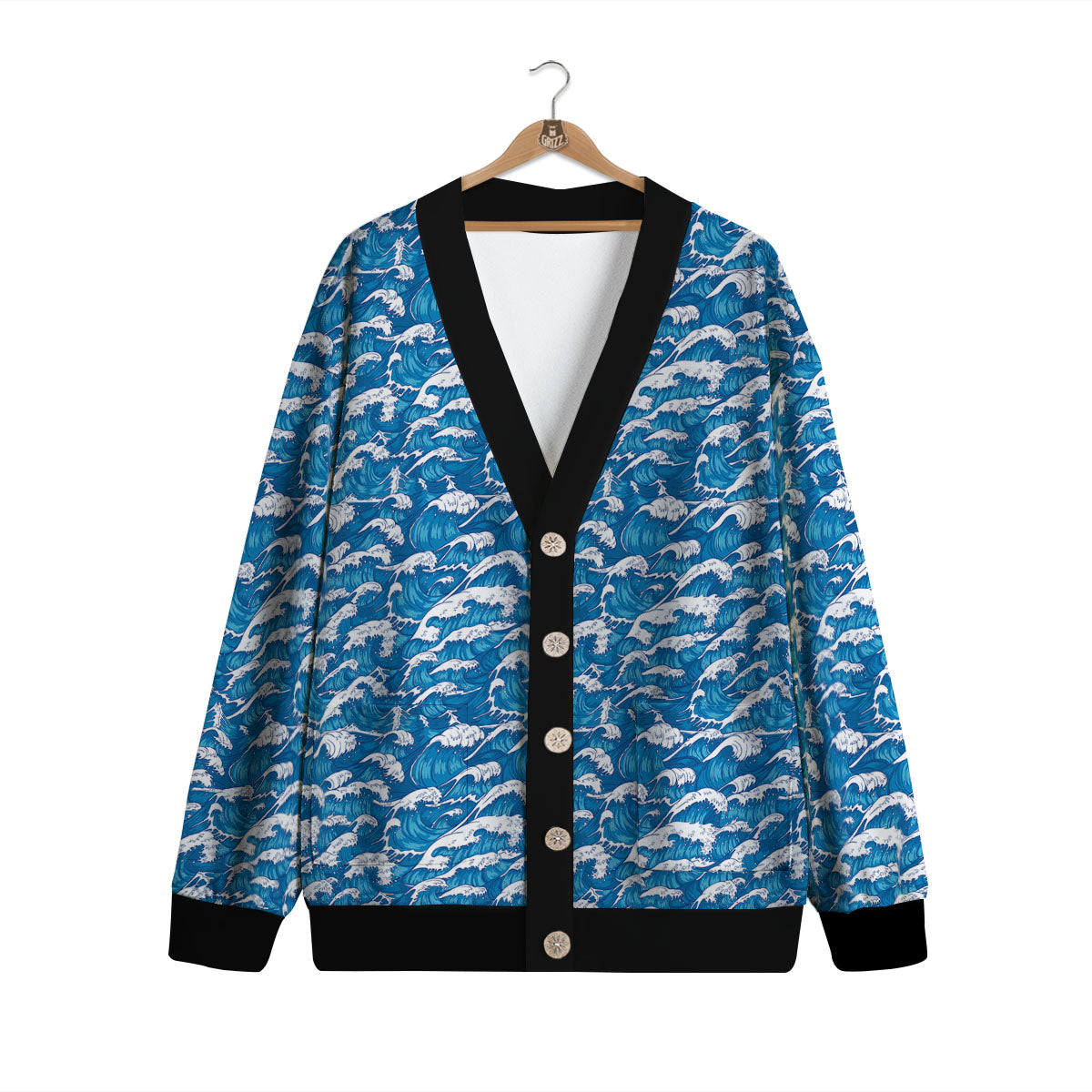 Surfing Wave Blue Print Pattern Cardigan-grizzshop