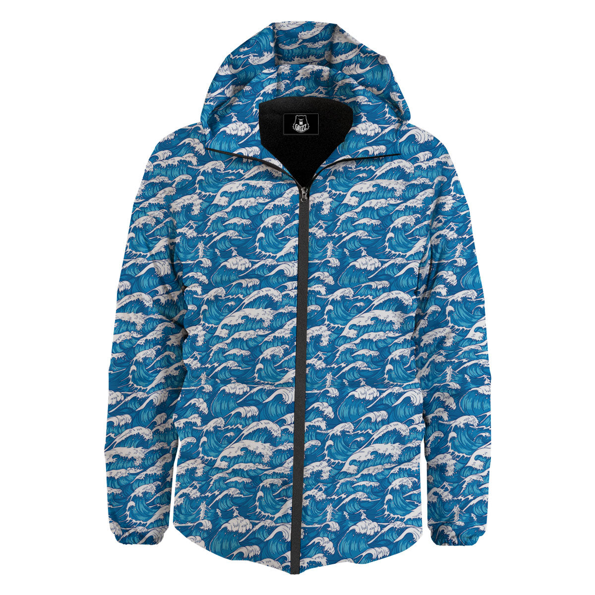 Surfing Wave Blue Print Pattern Down Jacket-grizzshop
