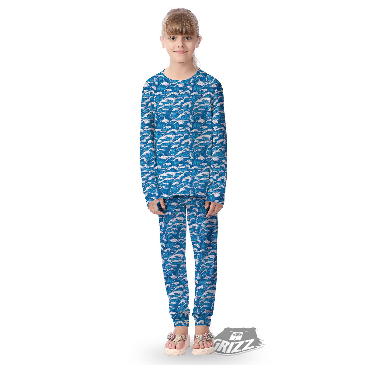 Surfing Wave Blue Print Pattern Kid's Pajamas-grizzshop