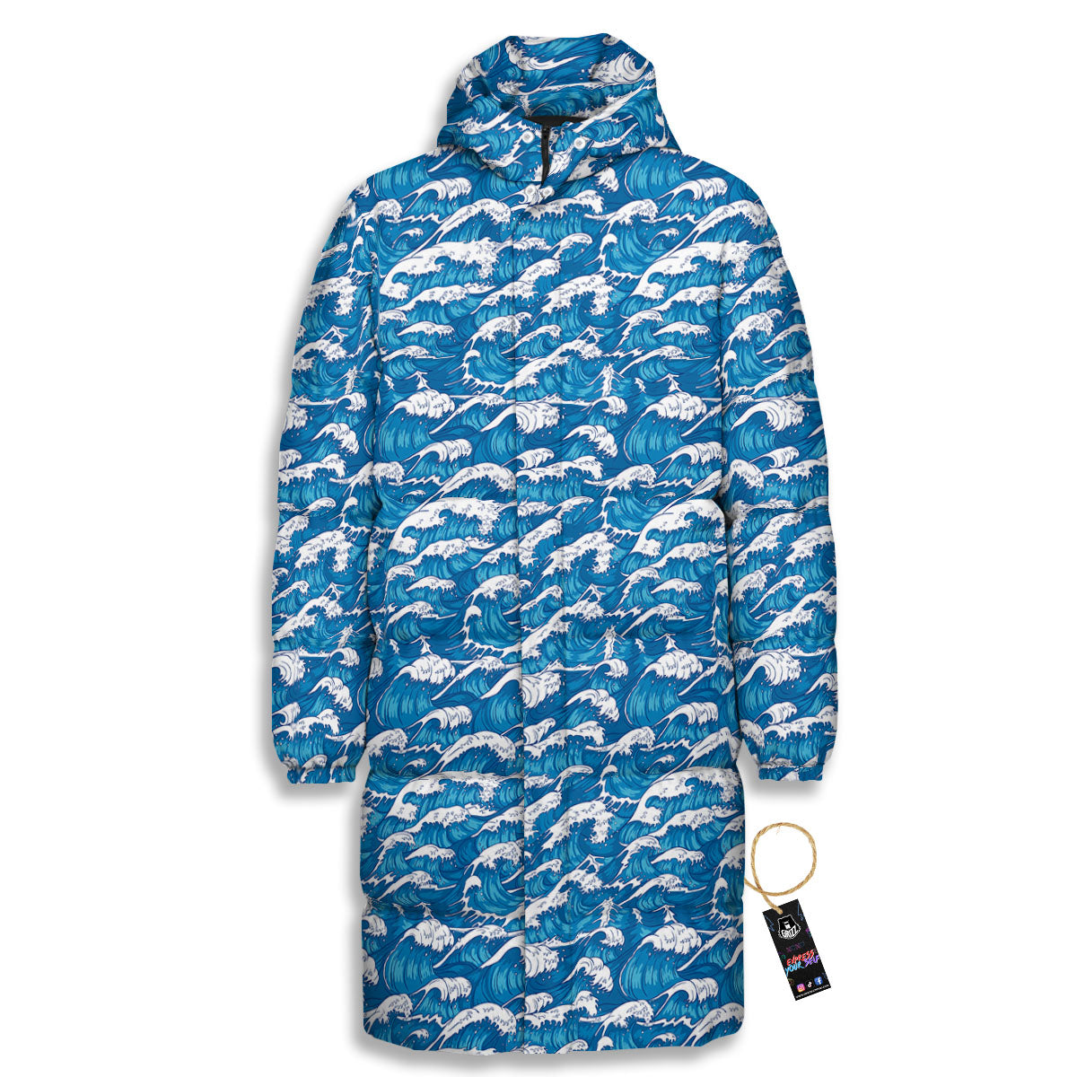 Surfing Wave Blue Print Pattern Long Down Jacket-grizzshop