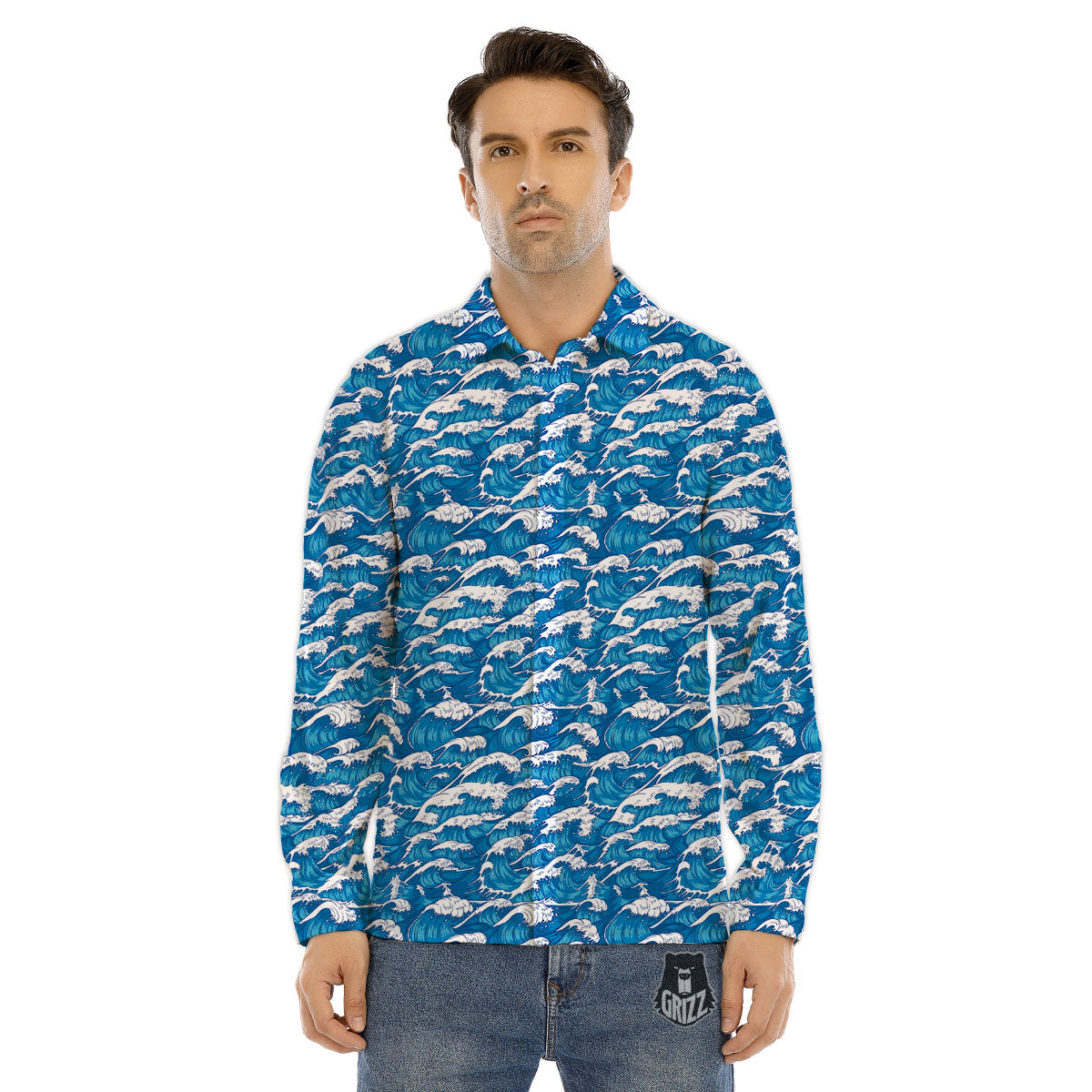 Surfing Wave Blue Print Pattern Men's Dress Shirts-grizzshop