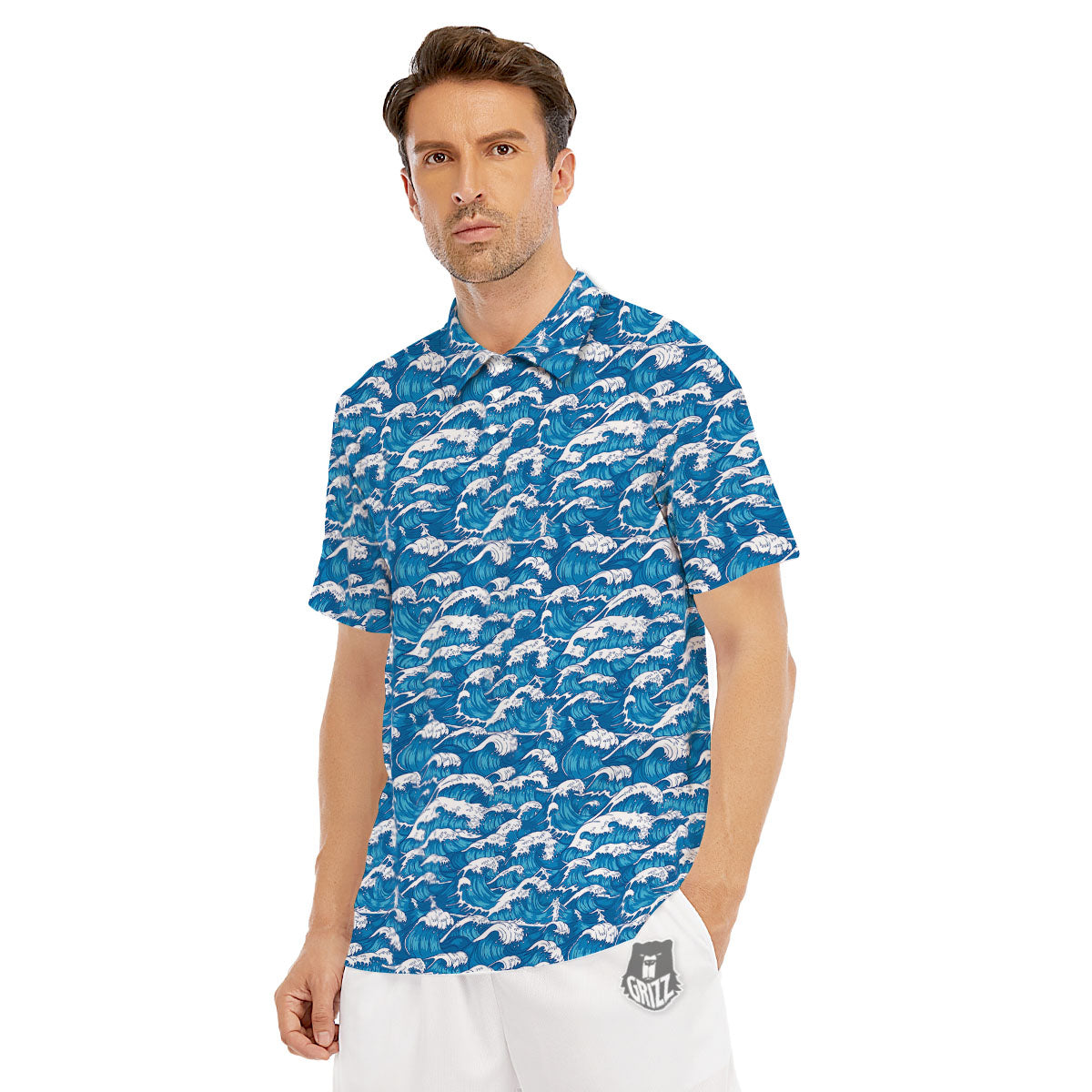 Surfing Wave Blue Print Pattern Men's Golf Shirts-grizzshop