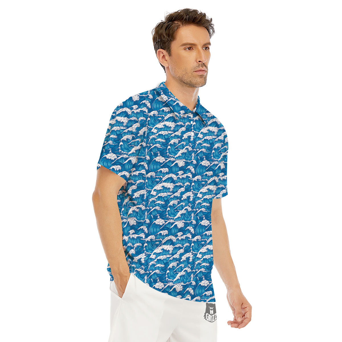 Surfing Wave Blue Print Pattern Men's Golf Shirts-grizzshop