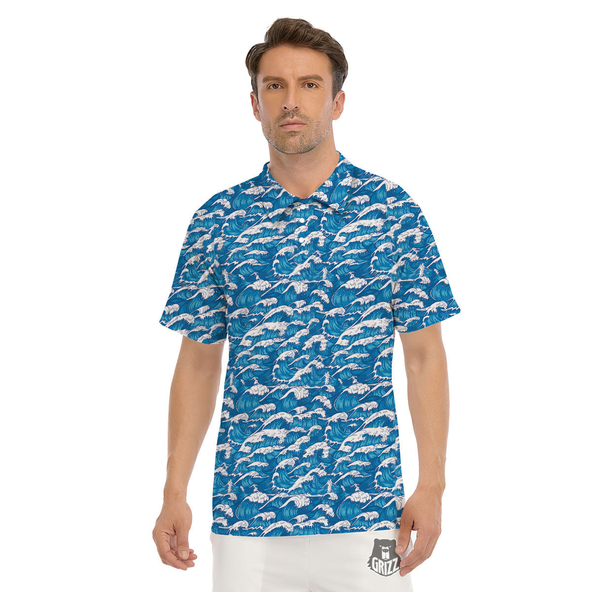 Surfing Wave Blue Print Pattern Men's Golf Shirts-grizzshop