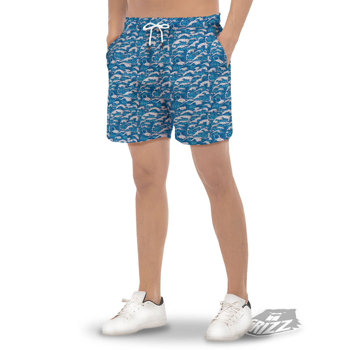 Surfing Wave Blue Print Pattern Men's Gym Shorts-grizzshop