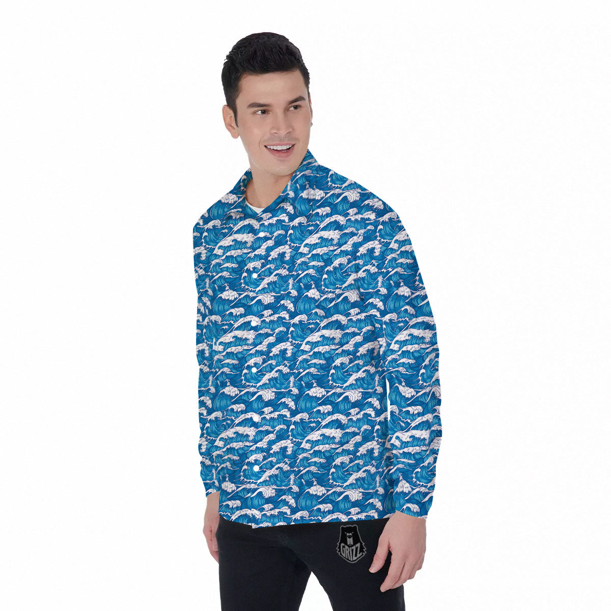 Surfing Wave Blue Print Pattern Men's Long Sleeve Shirts-grizzshop
