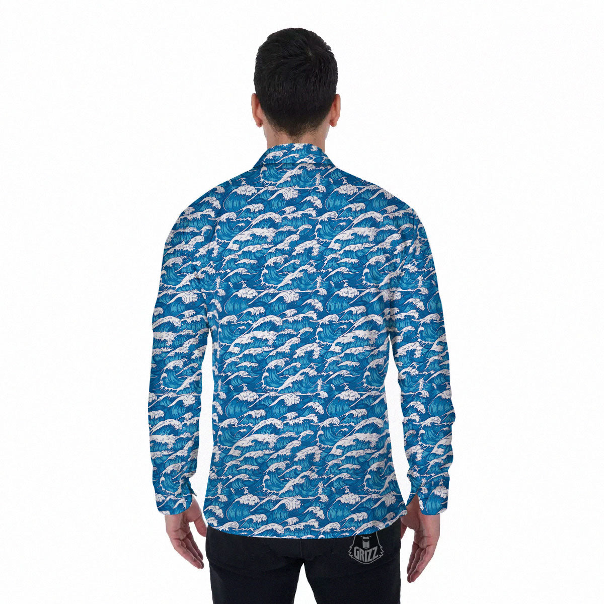 Surfing Wave Blue Print Pattern Men's Long Sleeve Shirts-grizzshop