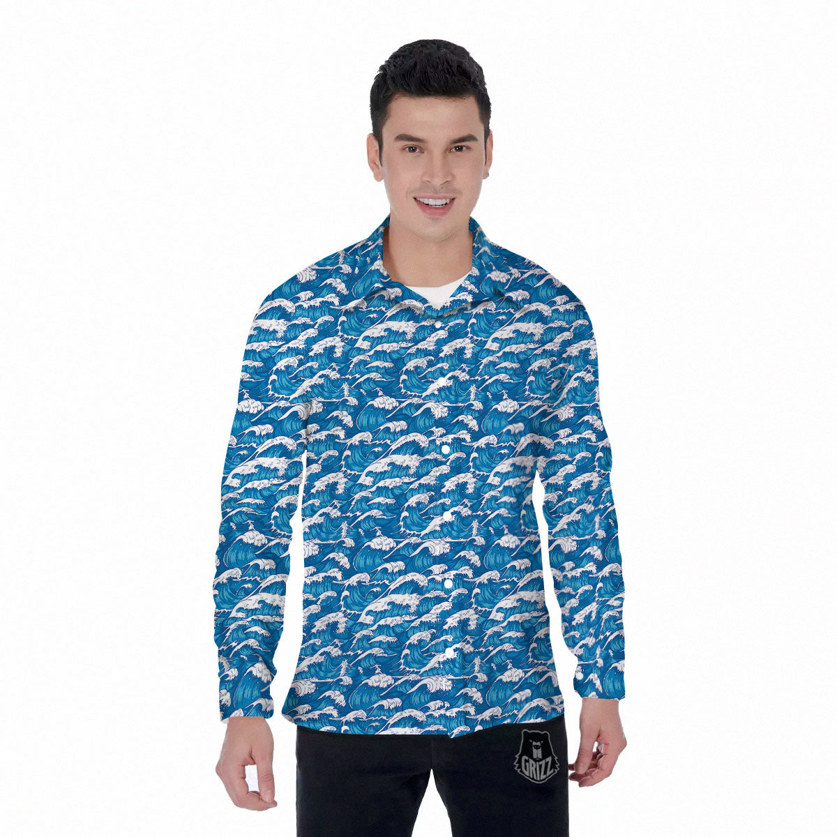Surfing Wave Blue Print Pattern Men's Long Sleeve Shirts-grizzshop