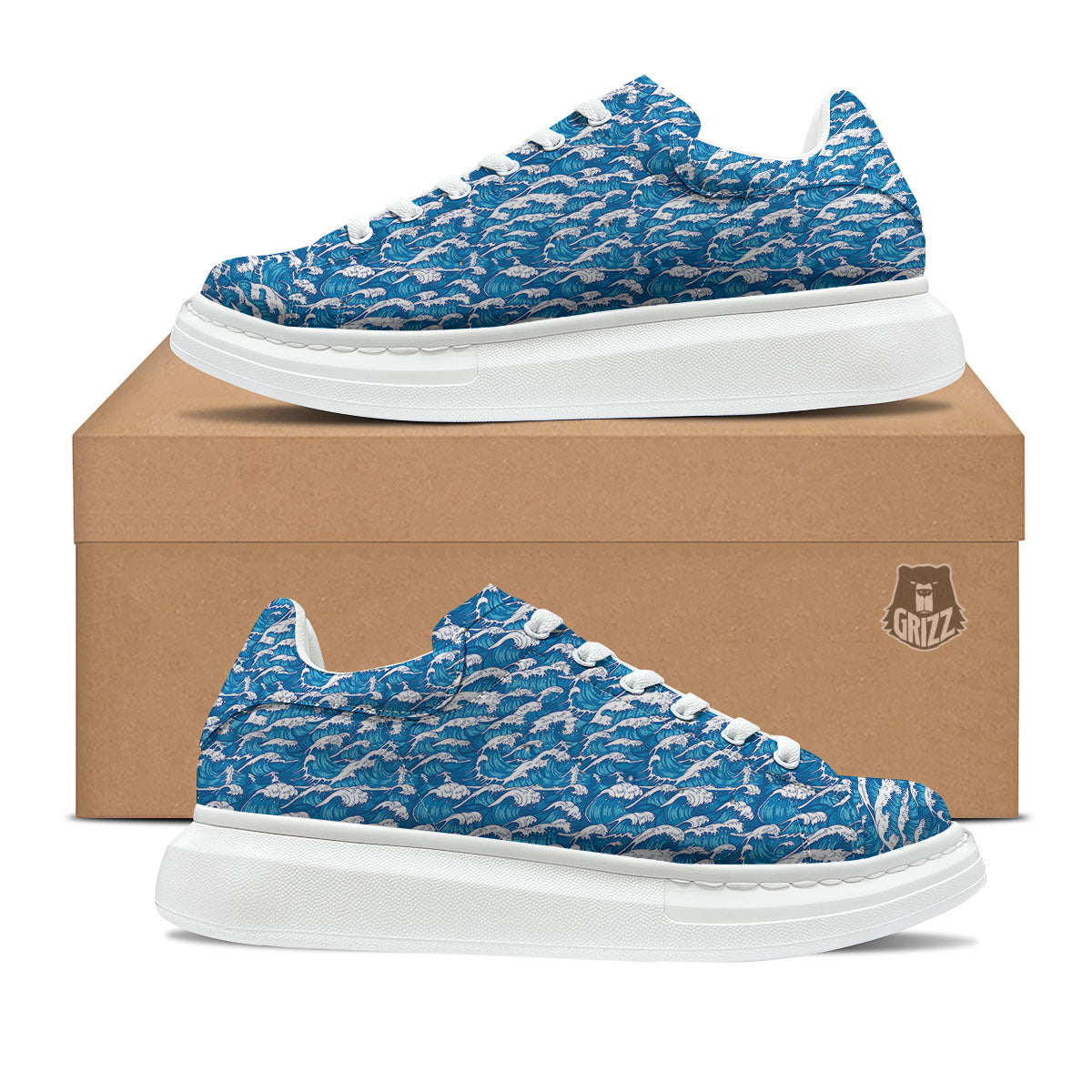 Surfing Wave Blue Print Pattern Platform Shoes-grizzshop