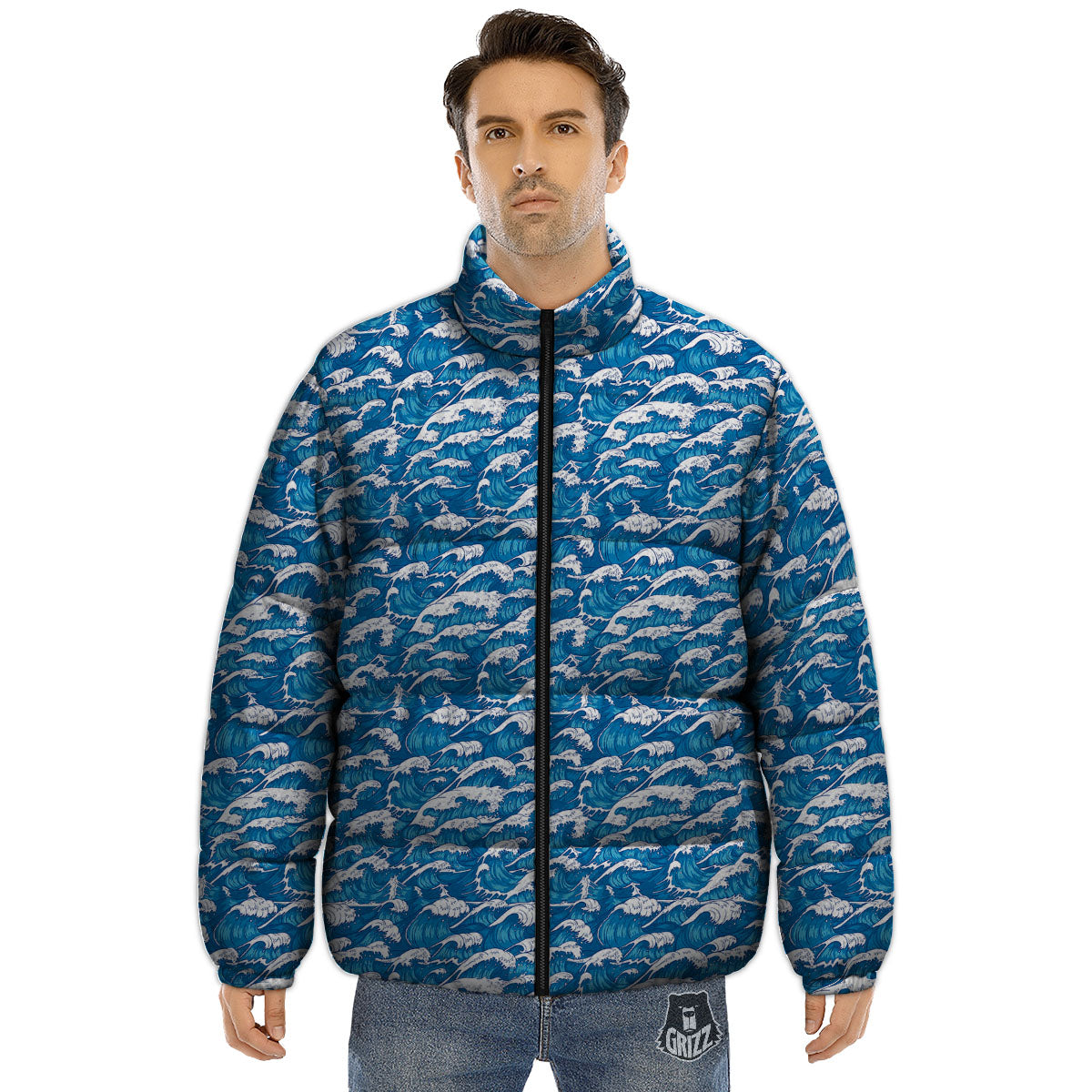 Surfing Wave Blue Print Pattern Puffer Jacket-grizzshop