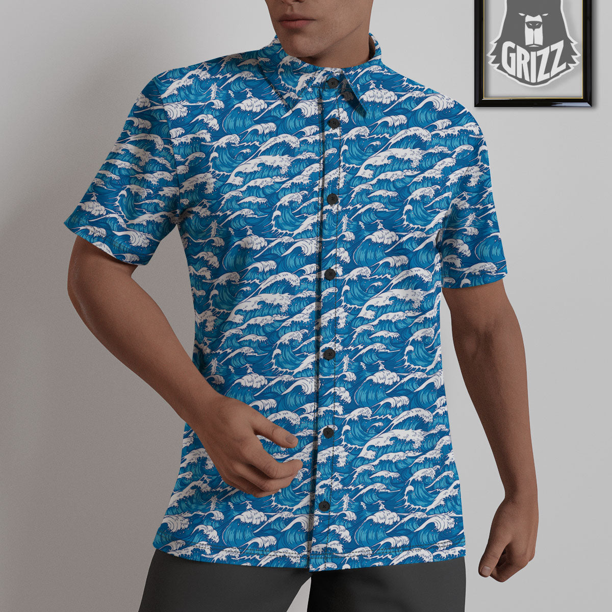 Surfing Wave Blue Print Pattern Untucked Shirts-grizzshop