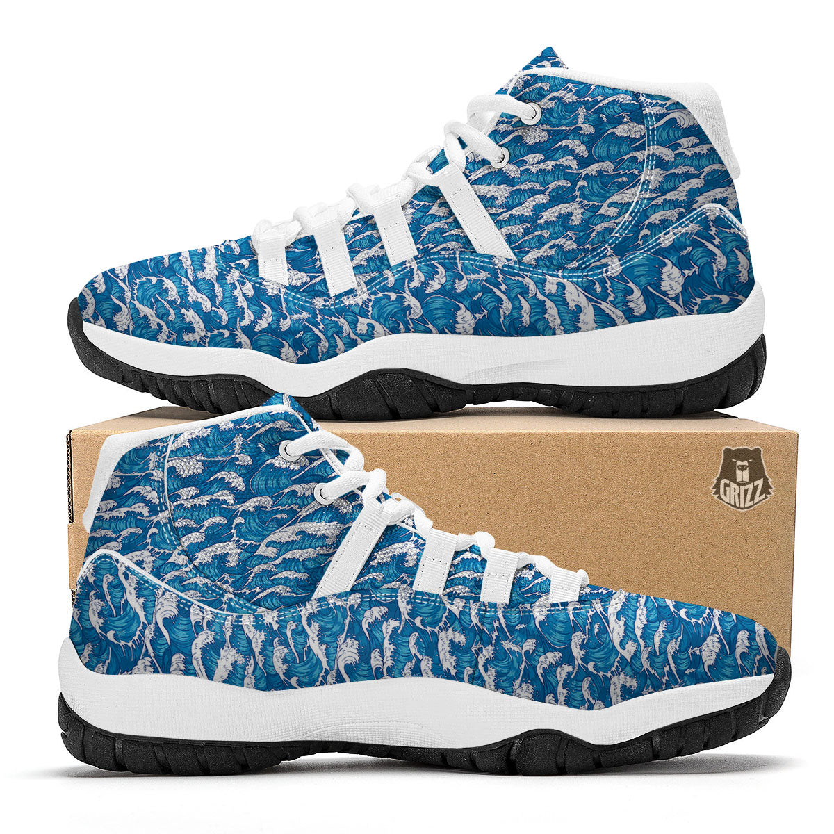 Surfing Wave Blue Print Pattern White Bball Shoes-grizzshop