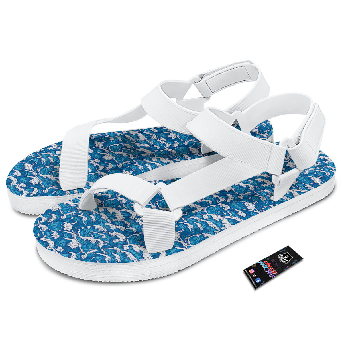 Surfing Wave Blue Print Pattern White Open Toe Sandals-grizzshop