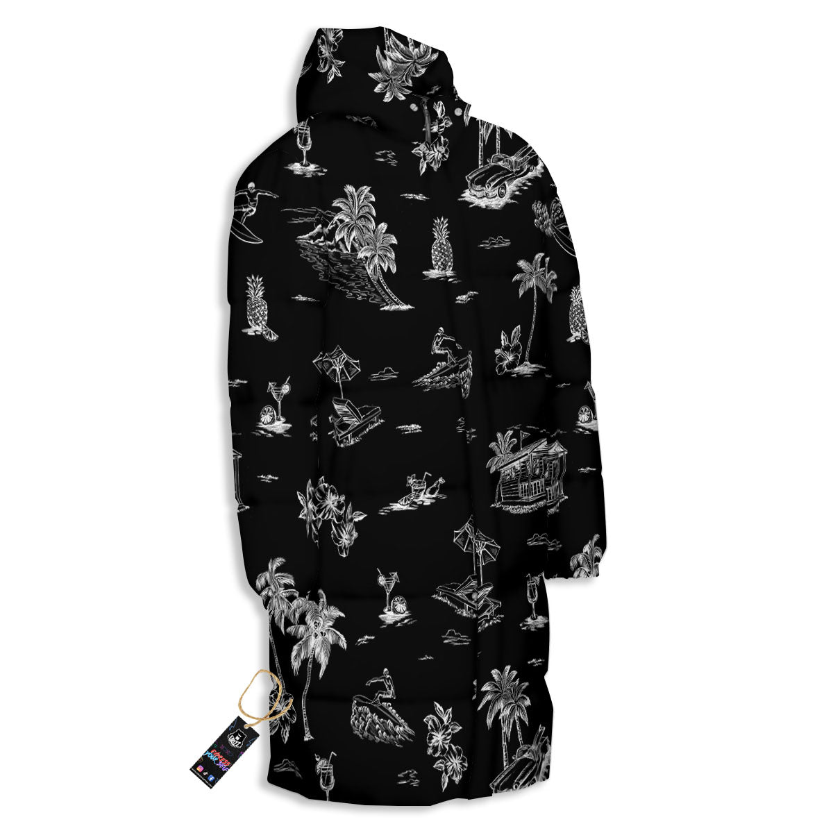 Surfing Black White Print Pattern Long Down Jacket