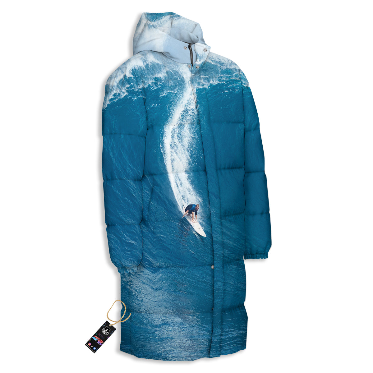 Surfing On Sea Print Long Down Jacket