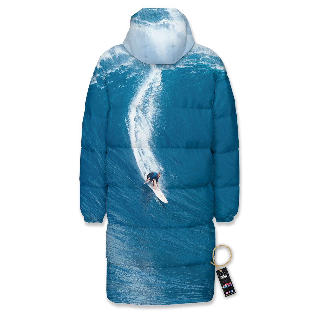 Surfing On Sea Print Long Down Jacket